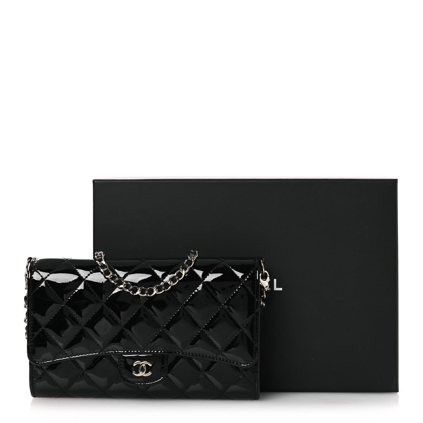 Patent Quilted Wallet On Removable Chain WOC Black
