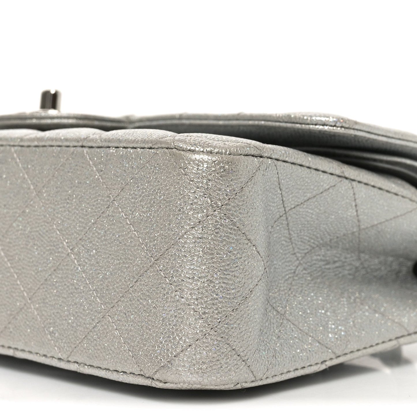 Glittered Metallic Caviar Quilted Medium Double Flap Silver