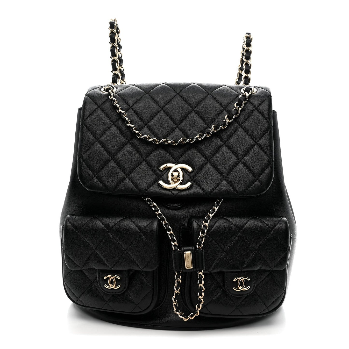 Calfskin Quilted Large Duma Pockets Drawstring Backpack Black