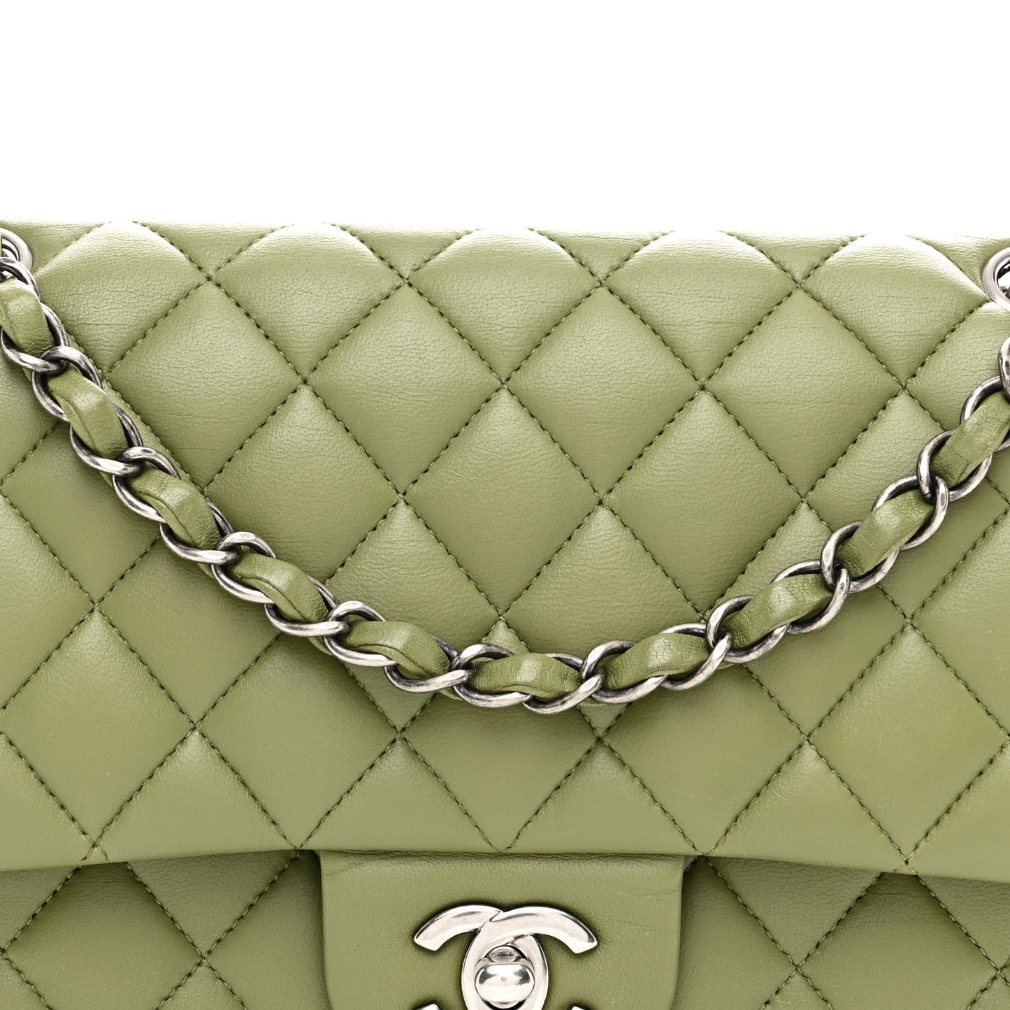 Lambskin Quilted Medium Double Flap Green