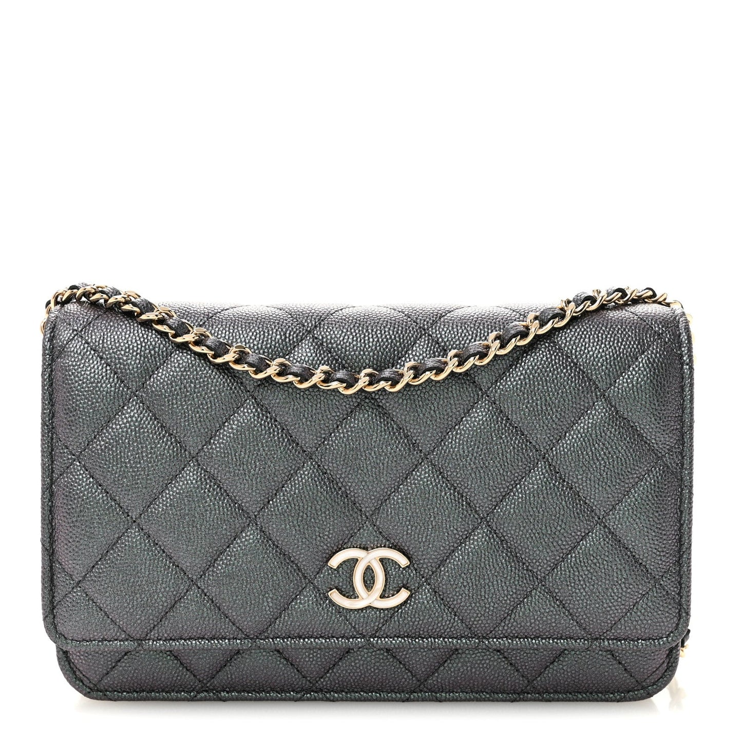 Iridescent Caviar Quilted Wallet On Chain WOC Green