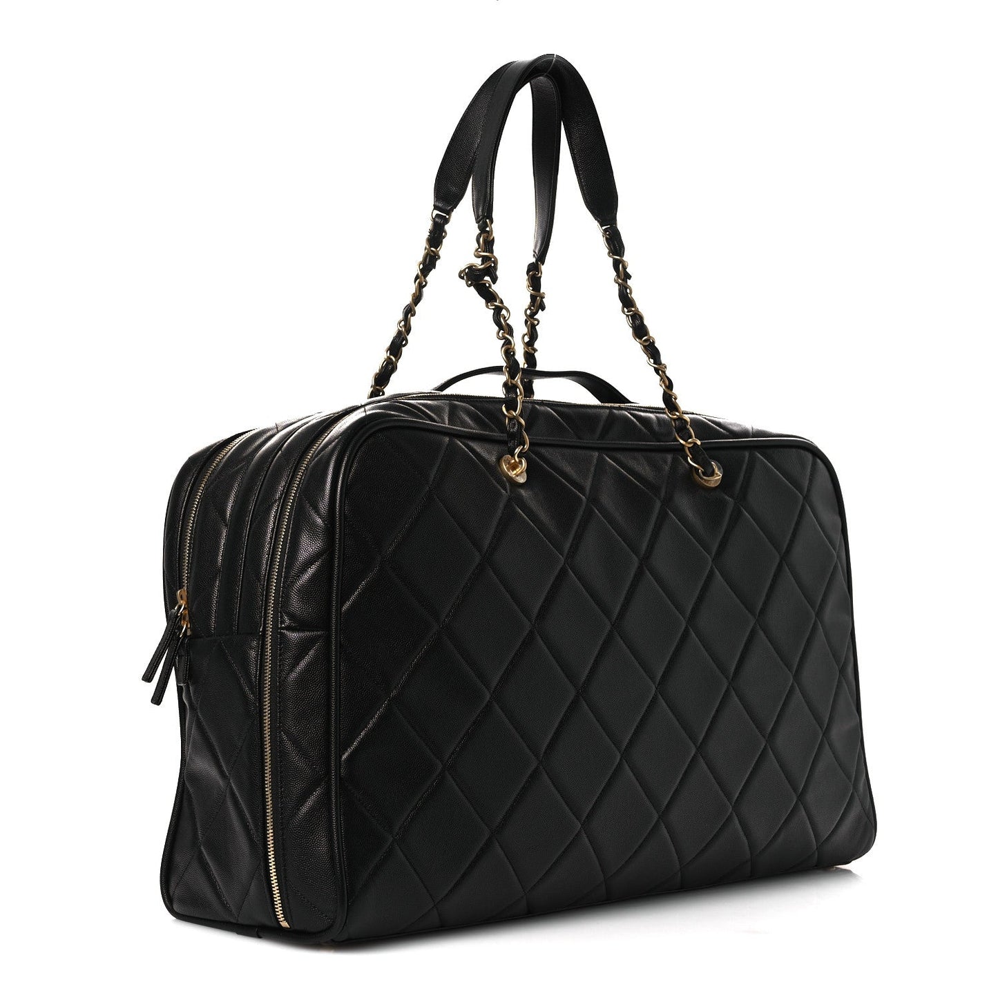 Shiny Grained Calfskin Quilted Large Travel Bowling Bag Black