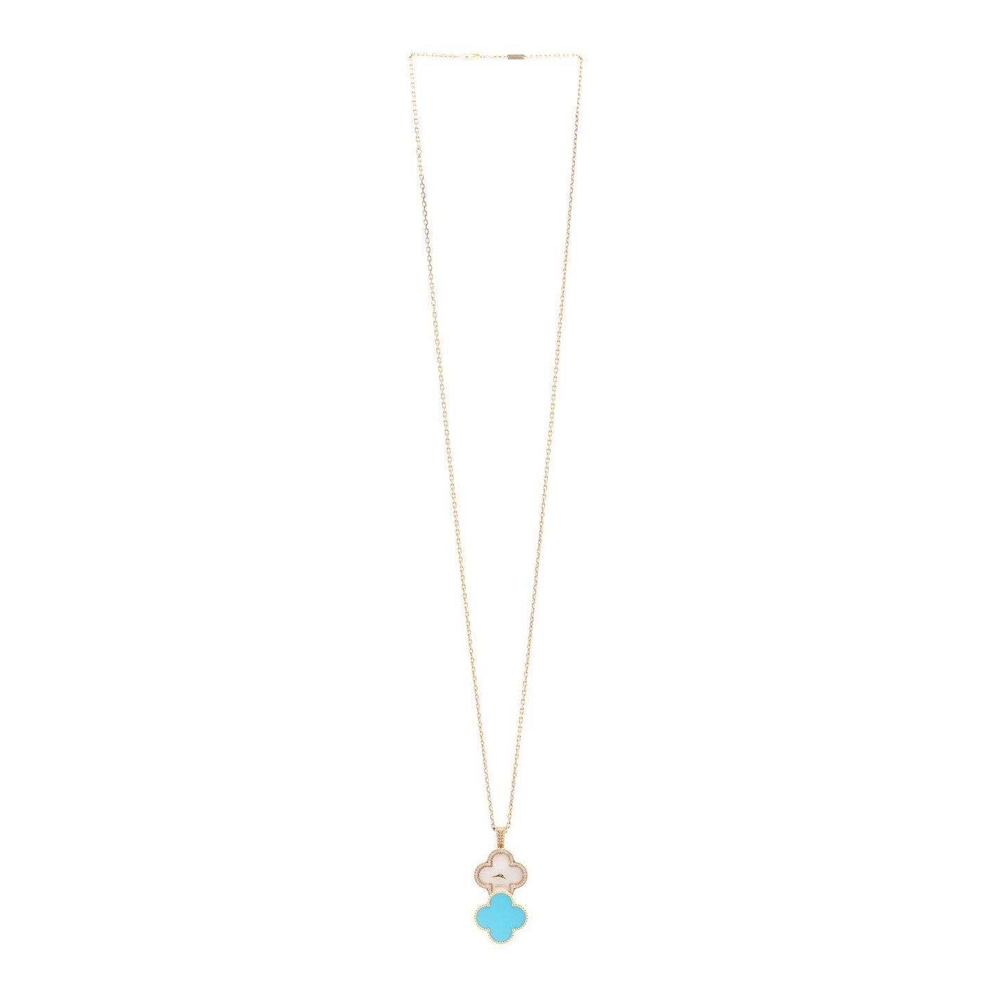 18K Yellow Gold Diamond Turquoise Mother of Pearl 28mm Alhambra Secret Pendant Quartz Watch