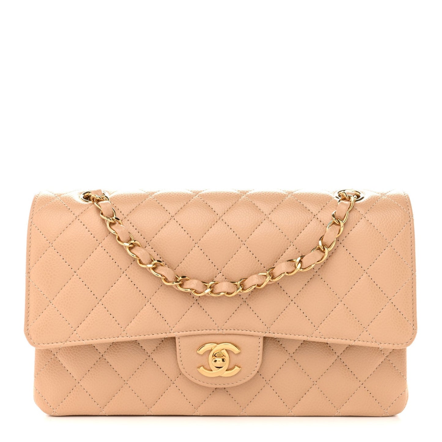 Caviar Quilted Medium Double Flap Beige