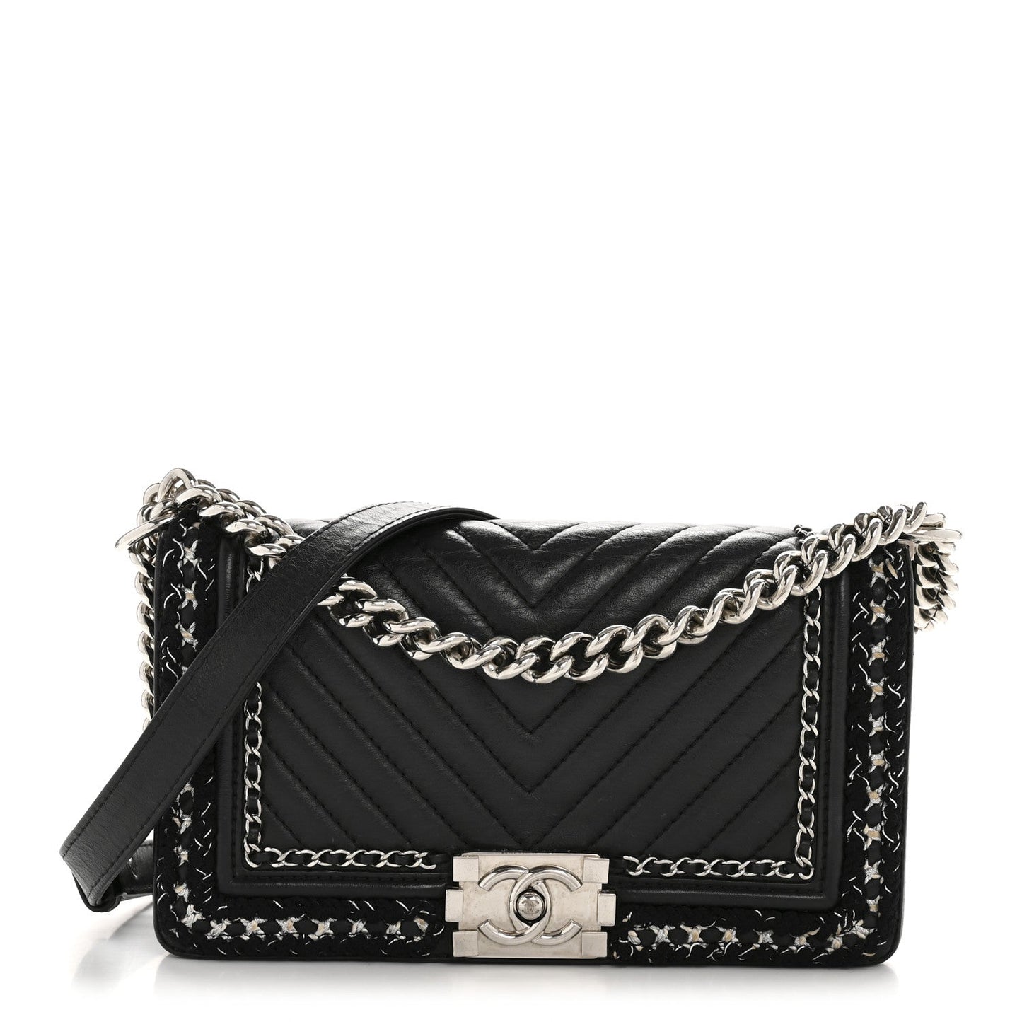 Calfskin Chevron Tweed Medium Boy Flap Black