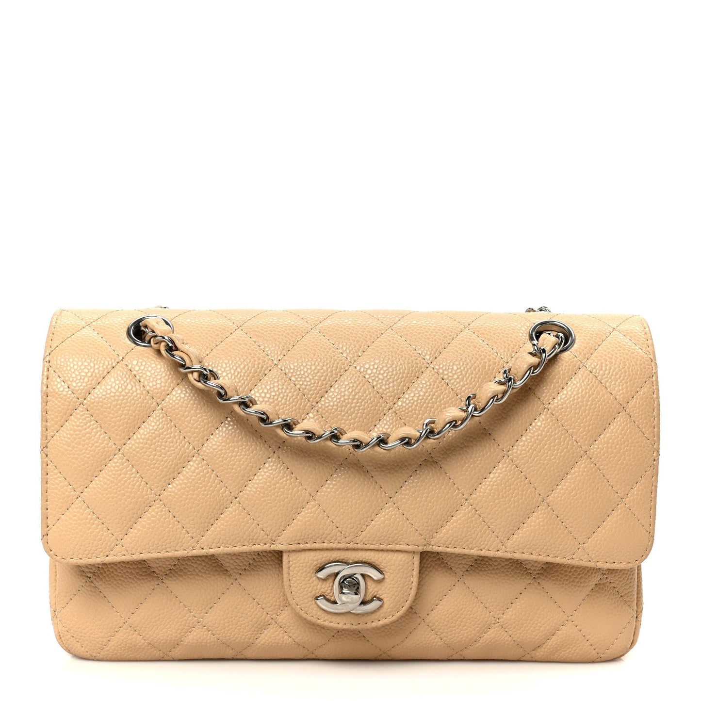 Caviar Quilted Medium Double Flap Beige