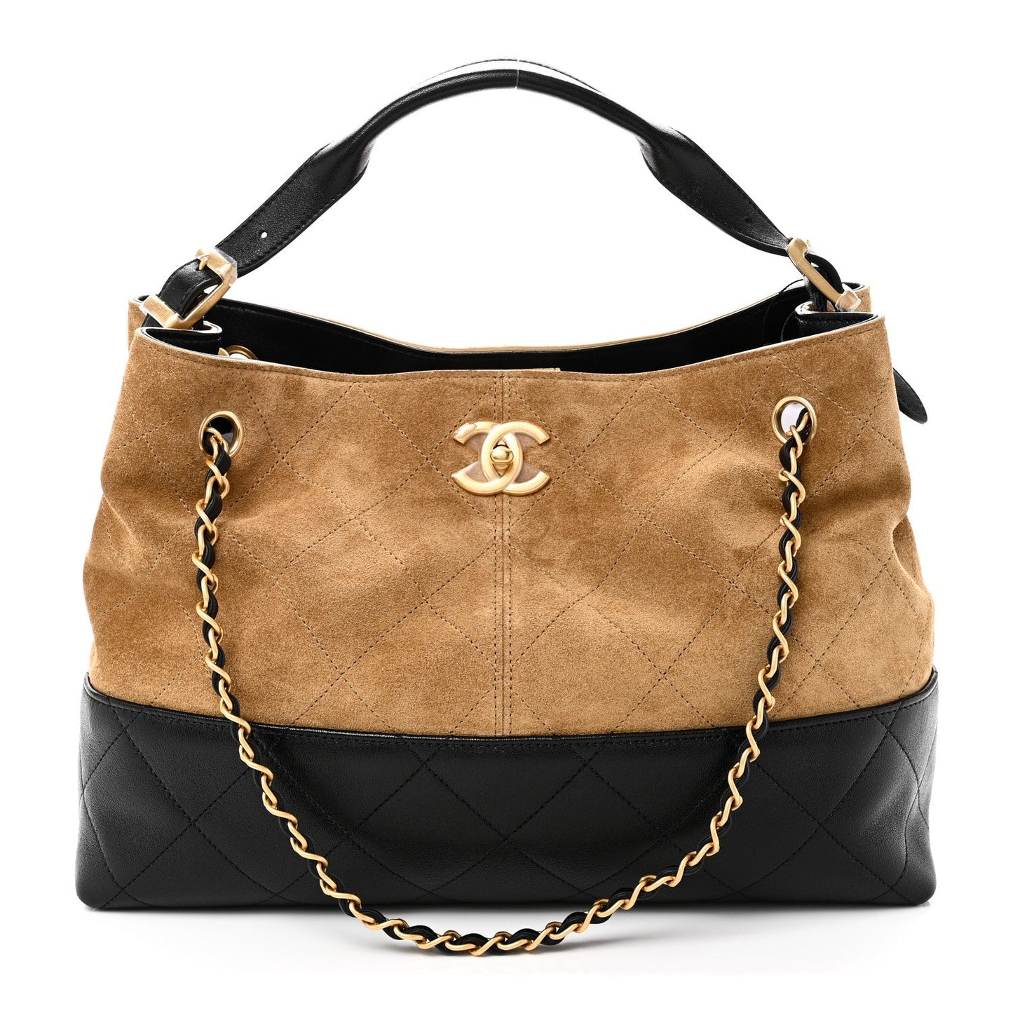 Suede Calfskin Shiny Lambskin Quilted Small Coco Base Shopping Bag Beige Black