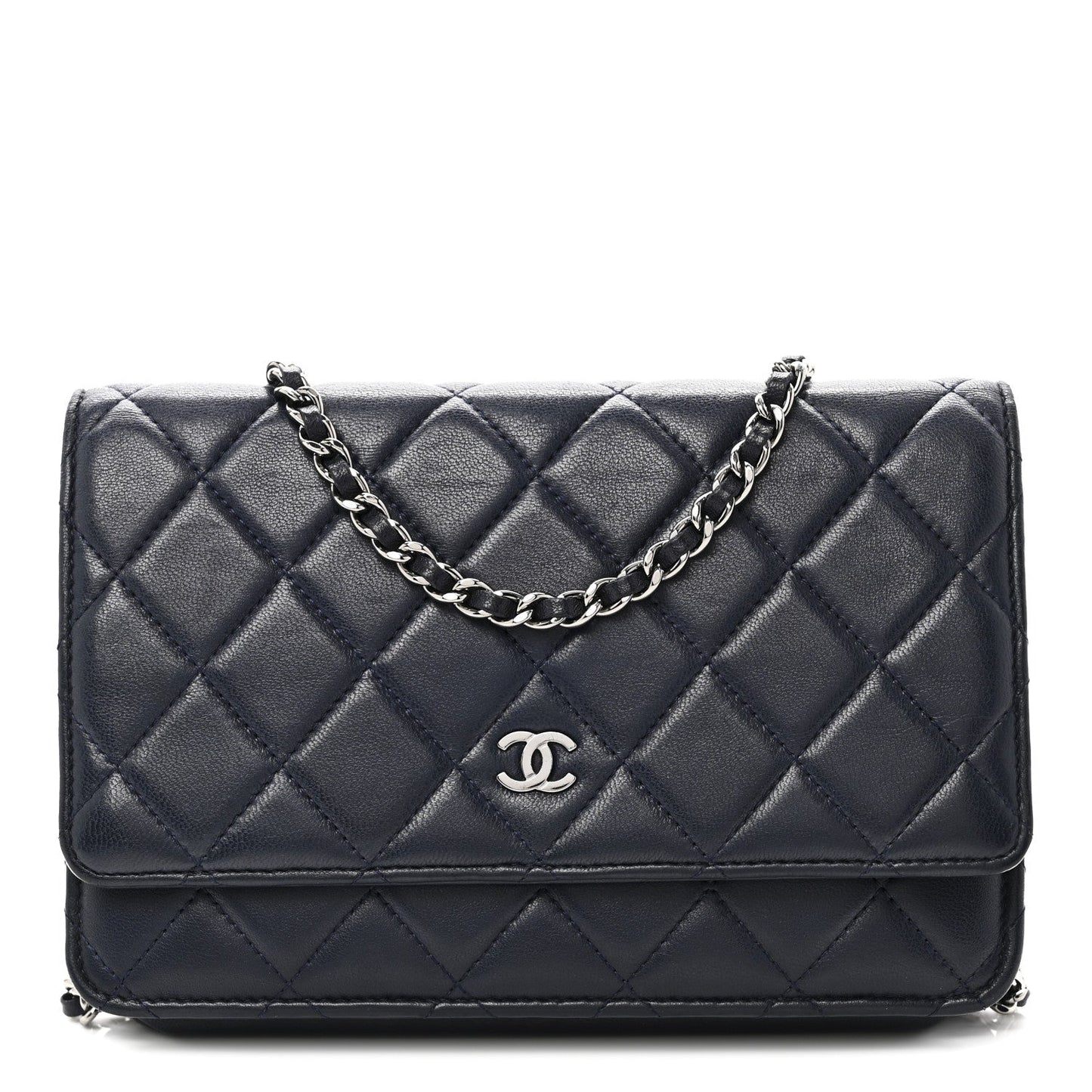Lambskin Quilted Wallet On Chain WOC Navy Blue