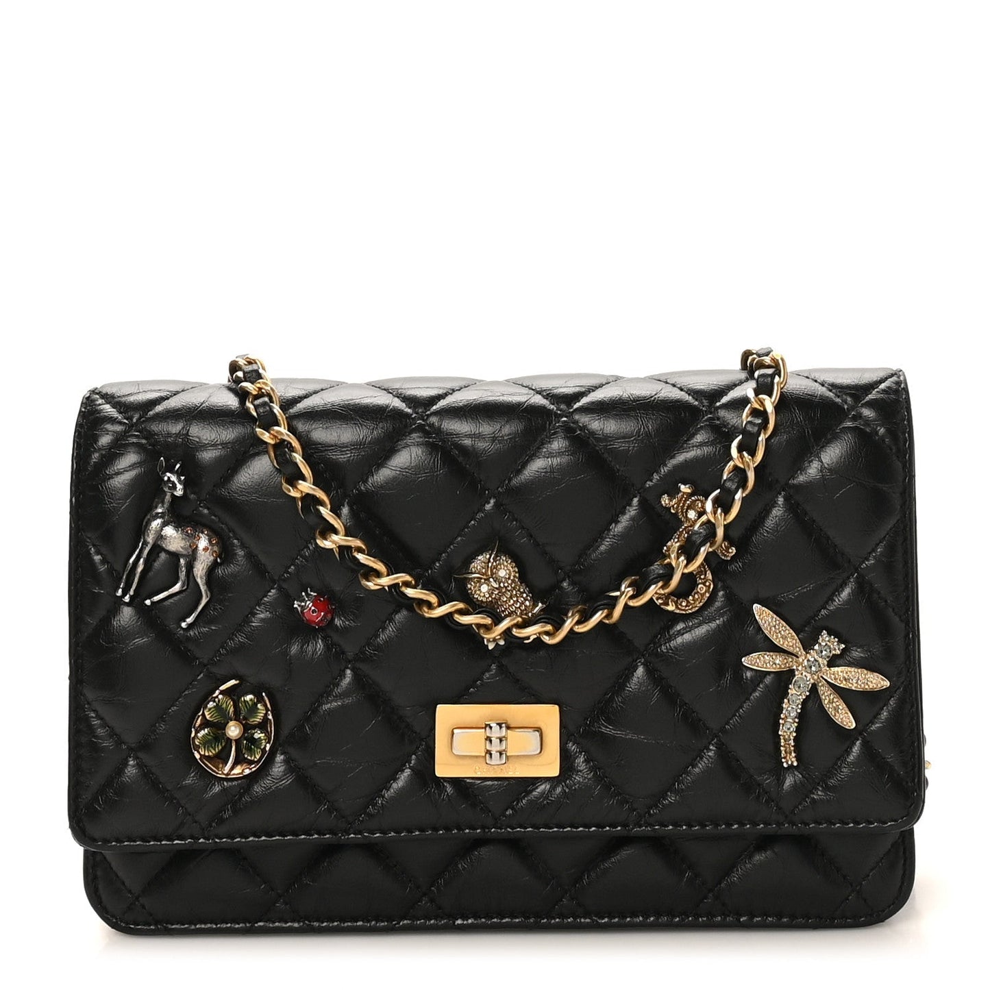 Aged Calfskin Lucky Charms 2.55 Reissue Wallet on Chain WOC Black