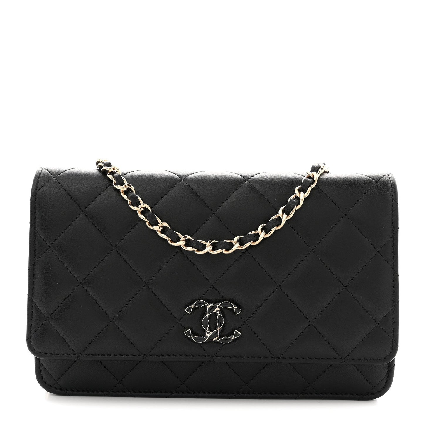 Lambskin Quilted Enamel CC Wallet On Chain WOC Black