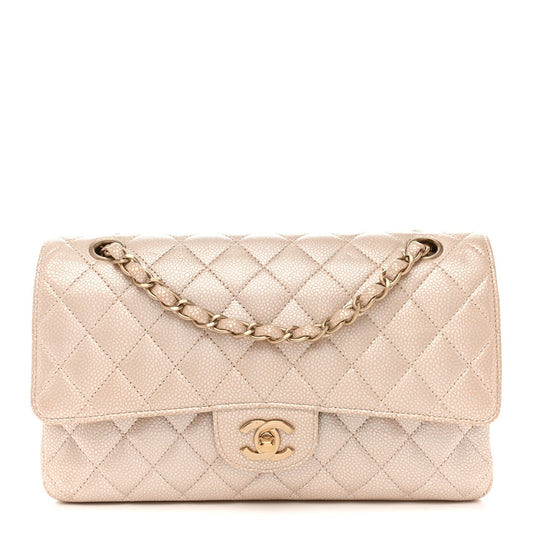 Pearly Caviar Quilted Medium Double Flap Light Beige