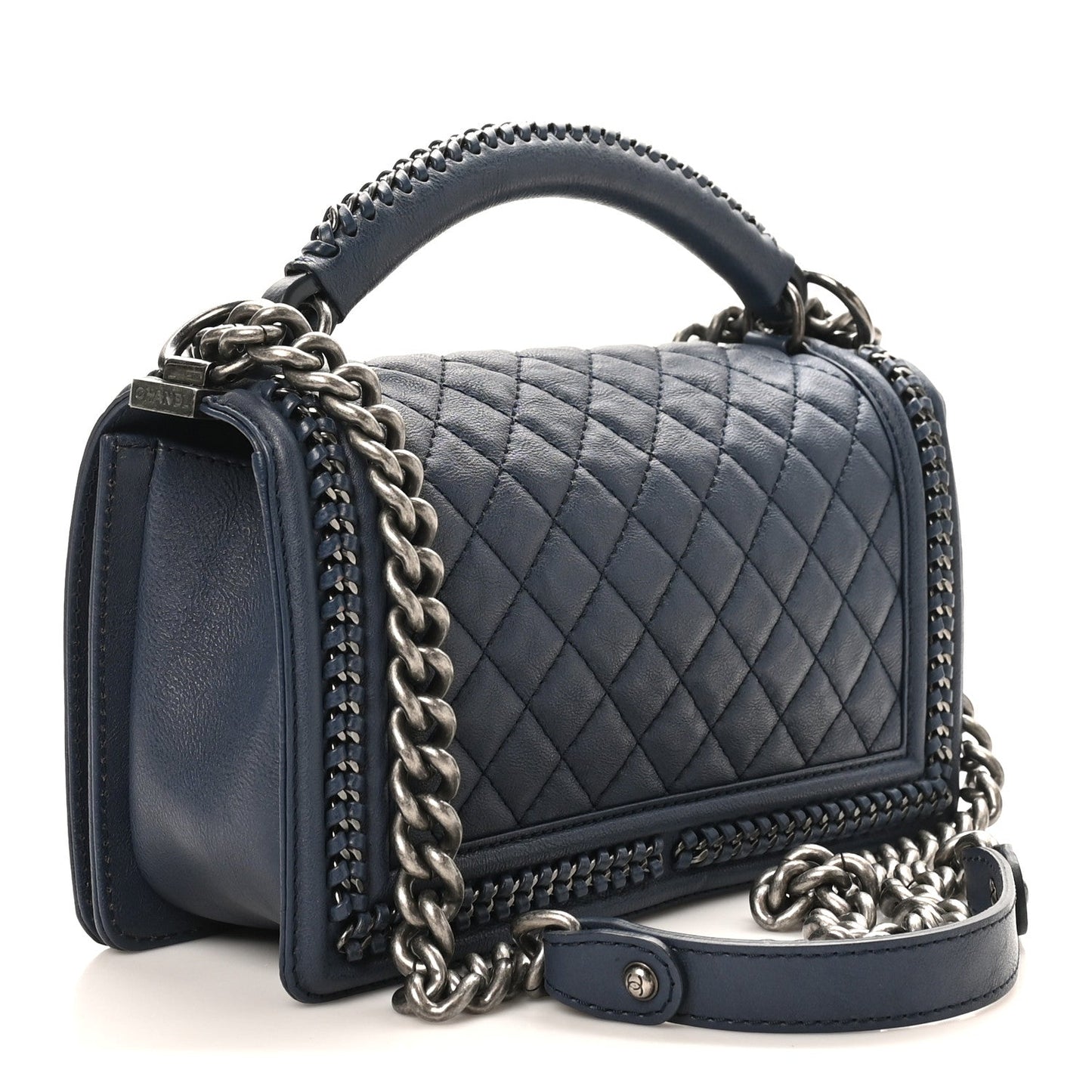 Calfskin Quilted Medium Top Handle Boy Flap Blue