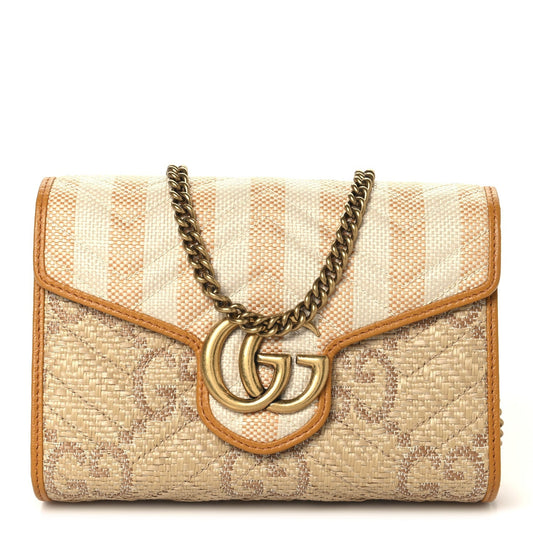 Raffia GG Monogram Matelasse GG Marmont Chain Wallet Natural Beige Off White Sun Oil