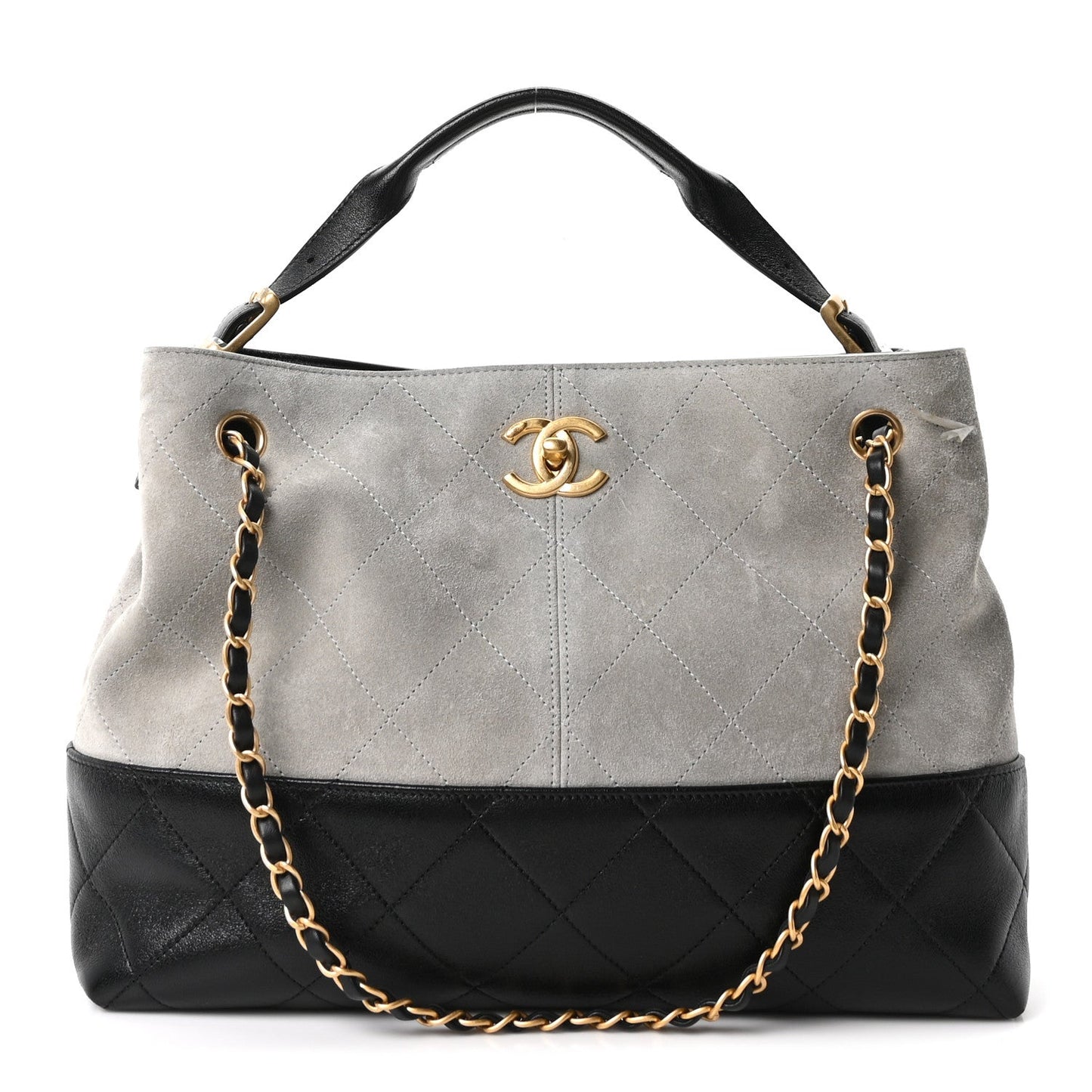 Suede Calfskin Shiny Lambskin Quilted Small Coco Base Shopping Bag Grey Black