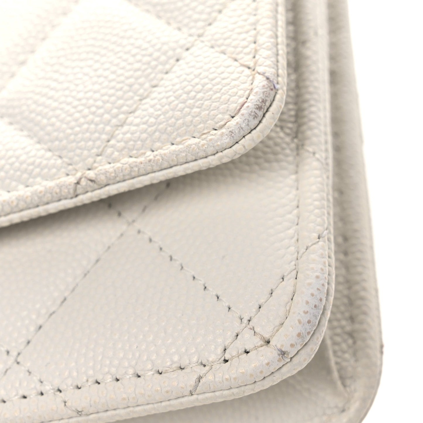 Caviar Quilted Perforated Metal CC Wallet On Chain WOC White