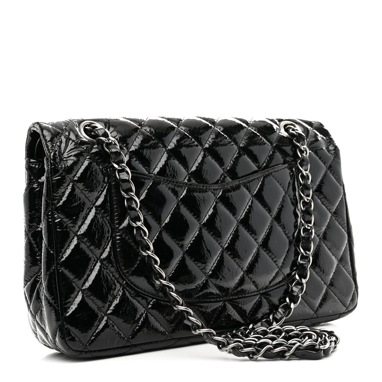 Distressed Patent Quilted Medium Double Flap Black