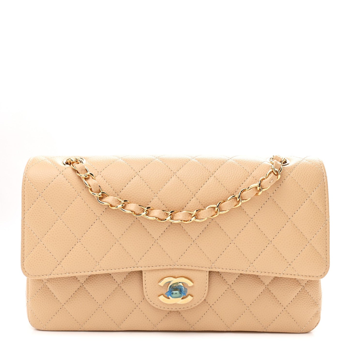 Caviar Quilted Medium Double Flap Beige