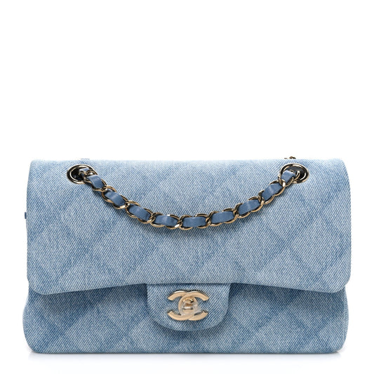 Printed Denim Quilted Small Double Flap Light Blue