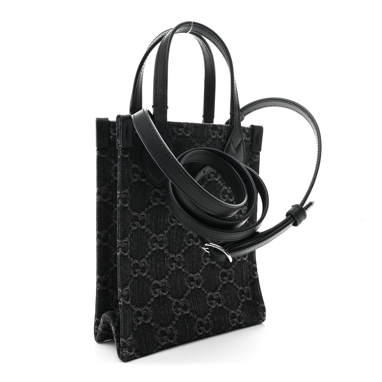 Denim Cuoio Harness GG Monogram Mini Ophidia Tote Bag Black Medium Grey