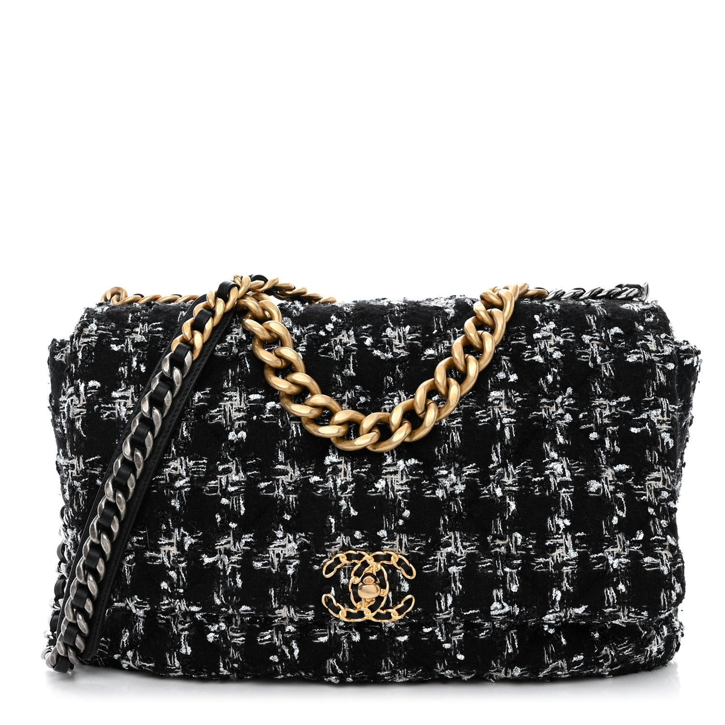Tweed Quilted Maxi Chanel 19 Flap Black Silver Ecru