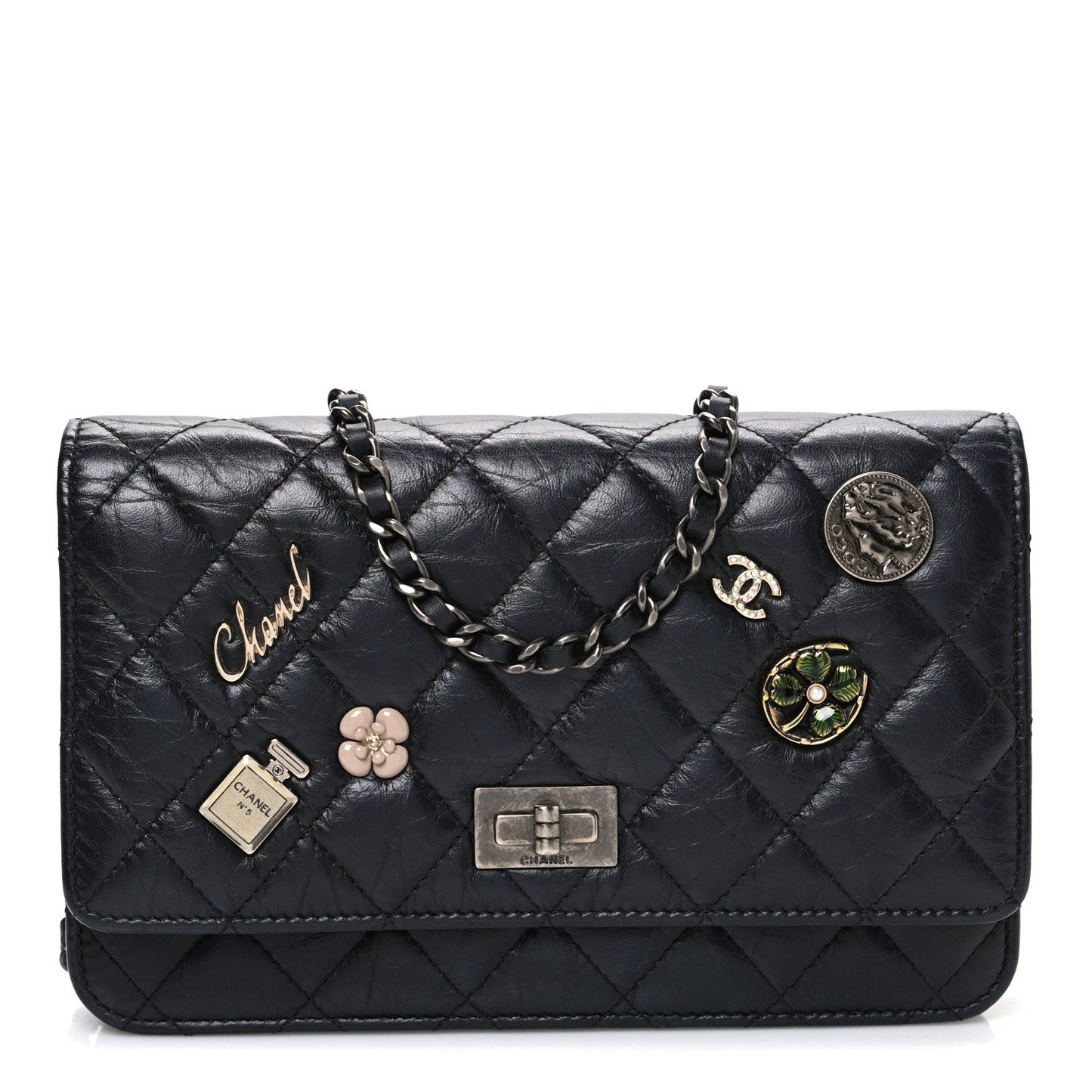 Aged Calfskin Quilted Lucky Charms 2.55 Reissue Wallet On Chain WOC Black