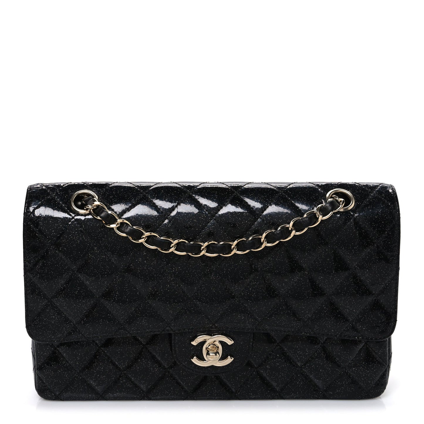 Patent Quilted Sparkle Glitter Medium Double Flap Black