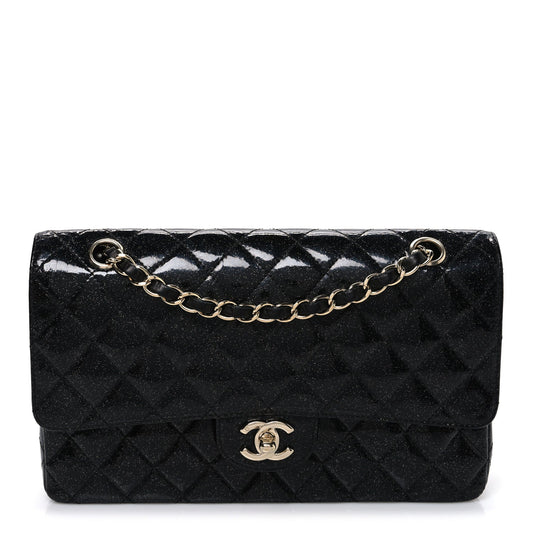 Patent Quilted Sparkle Glitter Medium Double Flap Black