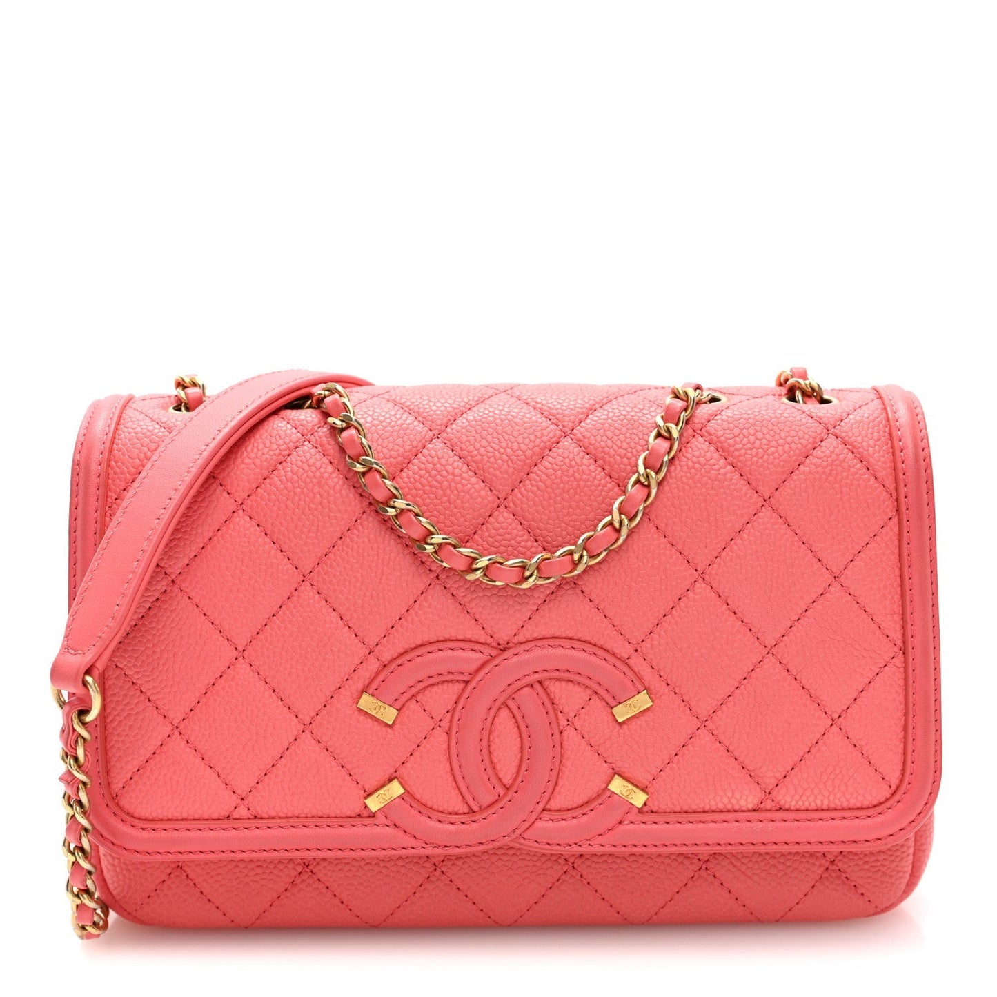 Caviar Quilted Small CC Filigree Flap Coral